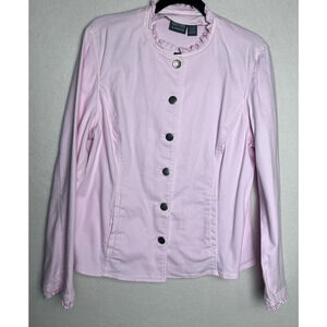 Additions by Chico's Women's Button Up Pink Jacket Size 2 (L)Pockets Ruffle Trim